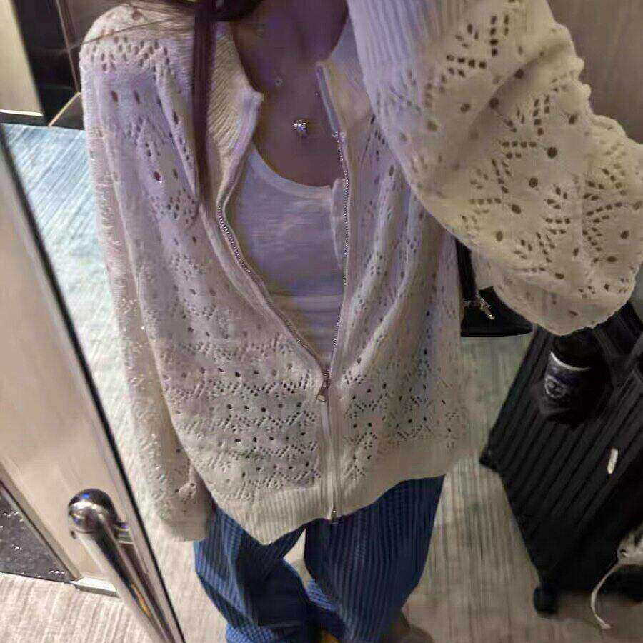 白色勾花镂空中长款针织拉链开衫外套女春季薄款外搭宽松早春上衣