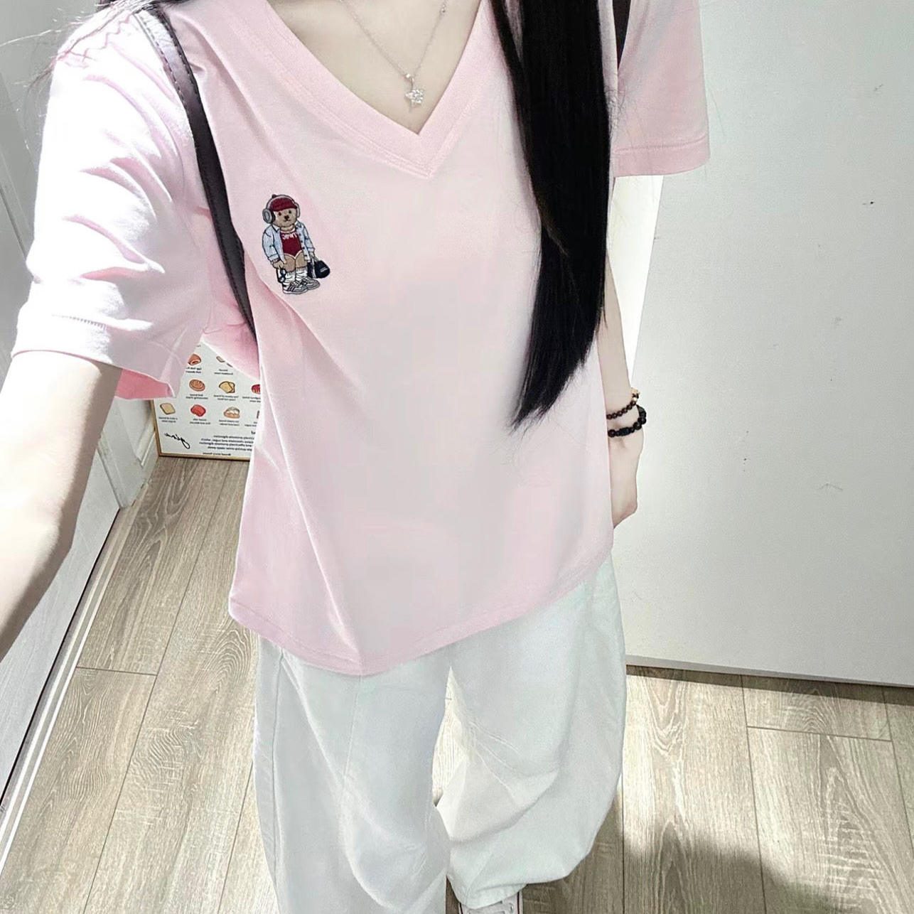 美式复古小熊刺绣粉色短