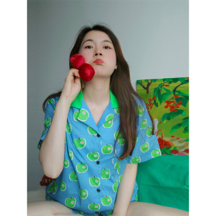 Fishhome原创克莱因蓝苹果纯棉薄款短袖短裤家居服睡衣套装2025夏