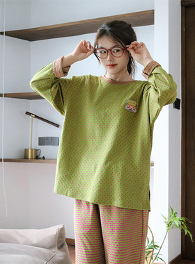 Fishhome原创弹力针织棉牛油果绿波点条纹圆领套头长袖长裤家居服