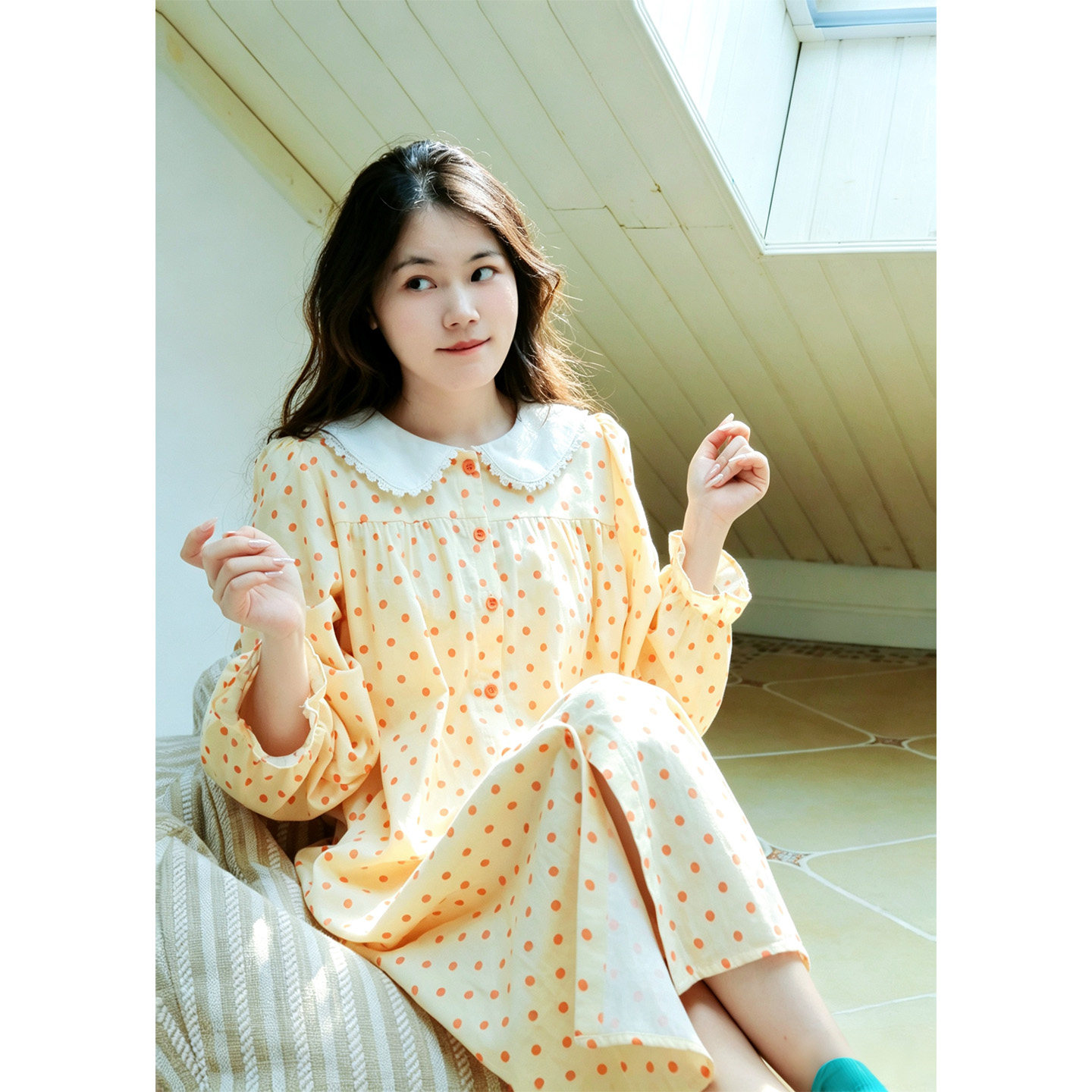 橙色波点&middot;Fishhome纯棉纱娃娃领少女甜美长袖中长款睡裙2026秋季