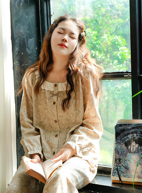 Fishhome原创奶茶碎花纯棉纱花边领复古长袖长裤睡衣家居服2026春