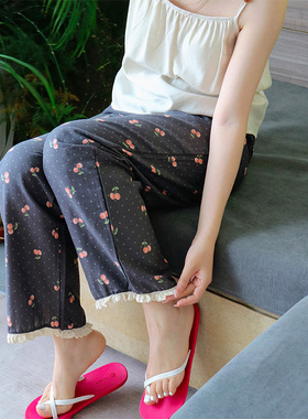花田油画·Fishhome原创复古碎花花边纯棉纱布家居裤宽松直筒睡裤