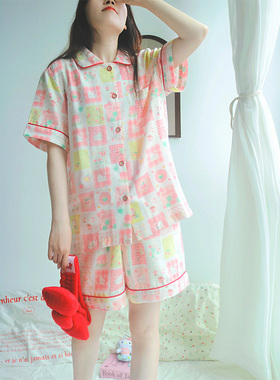 草莓味kitty·Fishhome原创粉格可爱纯棉纱布短袖短裤睡衣2025夏