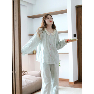 冰蓝碎花长袖长裤·Fishhome原创纯棉纱布花边领家居服睡衣秋新品