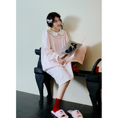 Fishhome原创浅粉波点少女感娃娃领纯棉纱布长袖 睡裙2026春 中长款