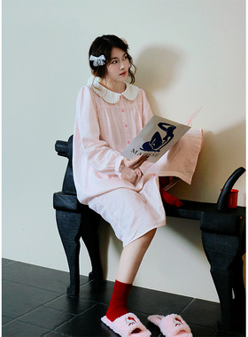 Fishhome原创浅粉波点少女感娃娃领纯棉纱布长袖中长款睡裙2026春