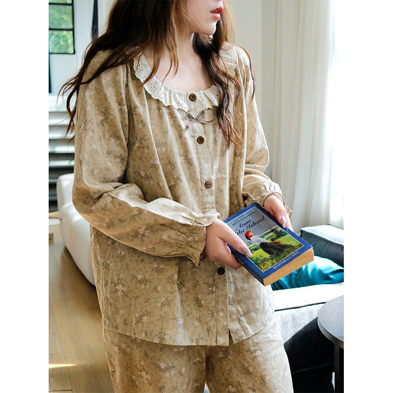 茶语碎花·Fishhome原创花边领奶茶色纯棉纱布长袖长裤家居服睡衣,女士内衣/男士内衣/家居服,睡衣/家居服套装,淘宝优惠券,粉丝福利购,淘宝优惠卷