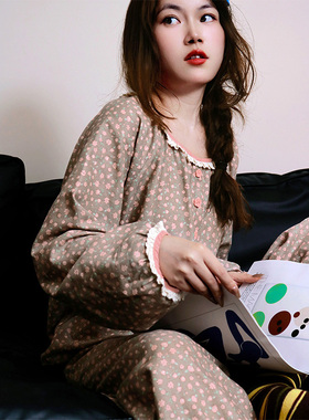 FishHome奶咖碎花纯棉纱布复古少女花边领灯笼长袖长裤睡衣2025新