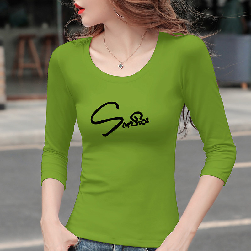 秋季牛油果绿印花七分袖t恤女时尚百搭纯棉打底衫鸡心领中袖上衣