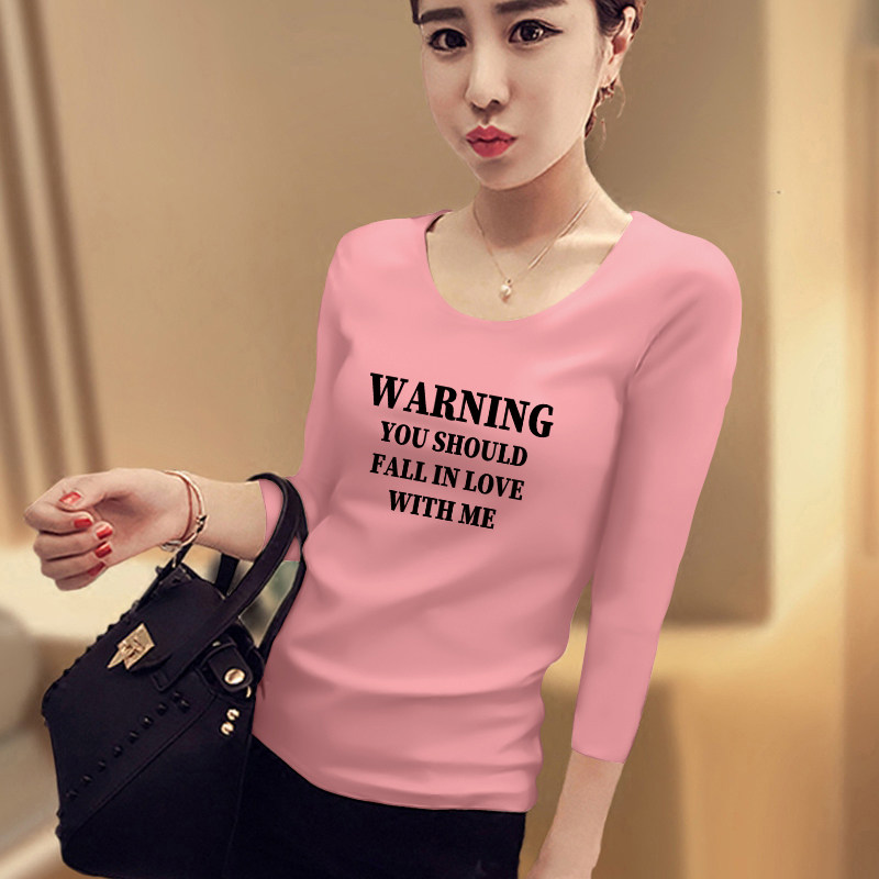 字母印花粉色七分袖t恤女春秋季V领打底衫韩版修身百搭上衣ins潮