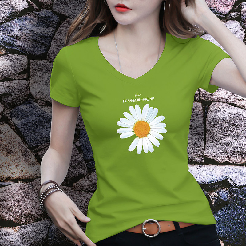 2020夏装新款白色印花上衣修身休闲纯棉牛油果绿短袖小邹菊t恤女