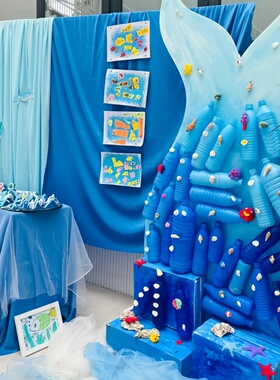 夏日海洋幼儿园环创蓝色系布幔背景布装饰毕业季场景布置婚礼挂布