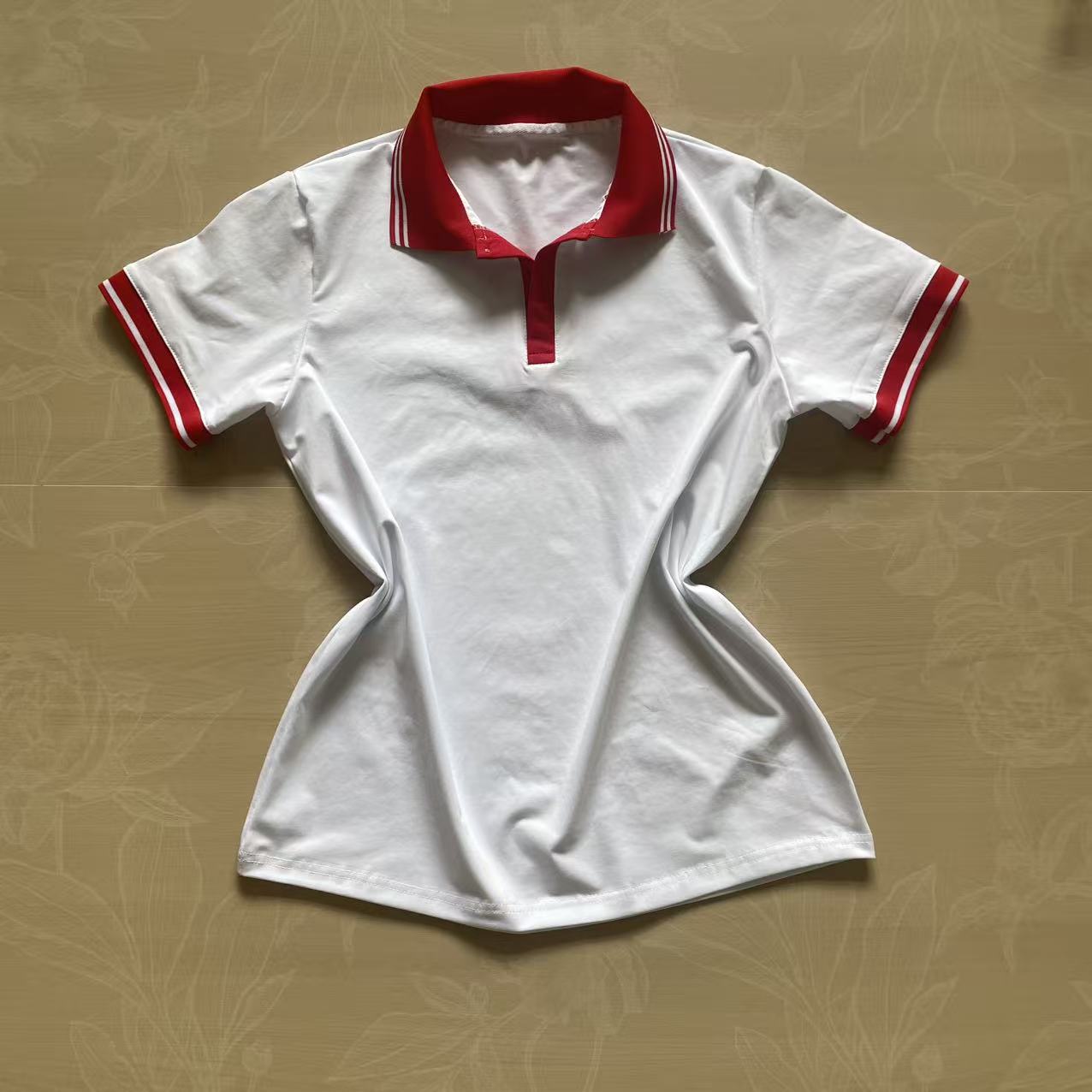 夏季纯棉大红拼色短袖校服POLO衫