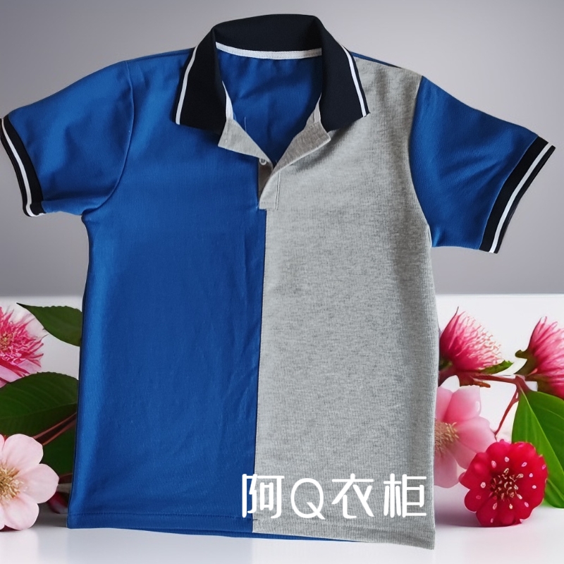 夏季薄款棉藍色翻領T恤校服