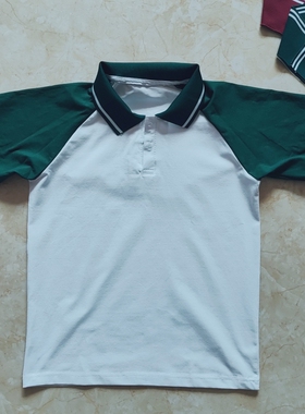 夏季短袖纯棉白色拼接绿色校服上衣男女 校服同款小学生班服翻领
