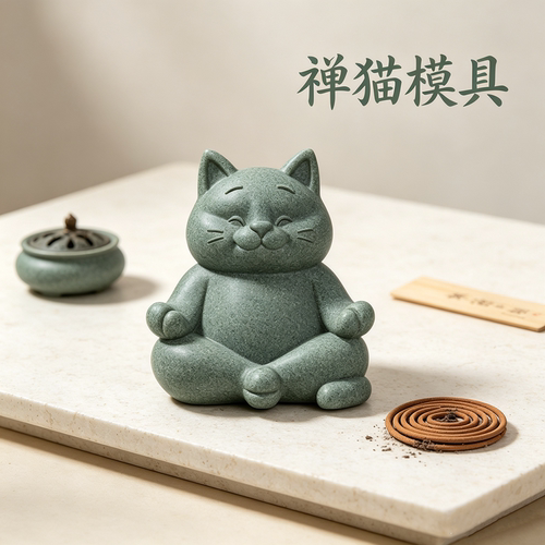 禅意打坐猫硅胶模具新中式青砂石桌面茶宠摆件石膏香薰蜡烛模具