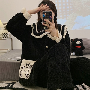 珊瑚绒睡衣女秋冬加绒加厚毛毛长袖法兰绒家居服毛绒保暖套装外穿