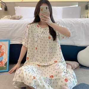 棉绸睡裙女夏短袖绵绸睡衣人造棉连衣裙睡衣裙薄大童裙子可爱卡通