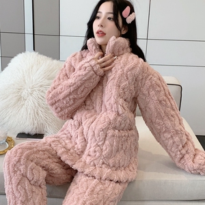 珊瑚绒夹棉睡衣女秋冬三层加厚加绒长袖法兰绒家居服套装大码外穿