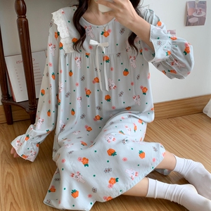 棉绸睡裙女春秋夏季长袖薄款绵绸睡衣连衣裙人造棉睡衣裙可爱裙子