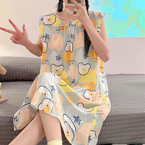 短袖睡裙女夏棉绸睡衣绵绸连衣裙无袖裙子人造棉睡衣裙薄大码可爱