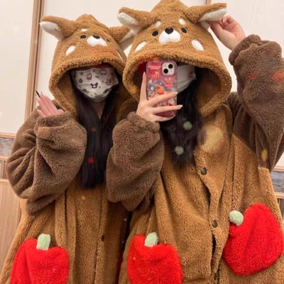 可爱小浣熊猫毛绒睡袍女秋冬季珊瑚绒睡衣加厚绒连体衣家居服套装