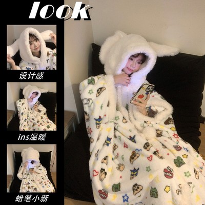 蜡笔小新睡衣女秋冬季珊瑚绒睡袍加绒加厚2025新款斗篷冬天家居服