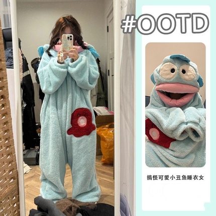 丑鱼连体睡衣女珊瑚绒加厚保暖秋冬季卡通大嘴鱼搞怪睡袍男加大码