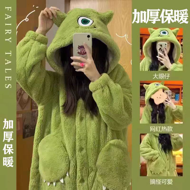 大眼仔珊瑚绒睡衣女秋冬季睡袍加厚长款毛绒保暖睡裙卡通可爱套装