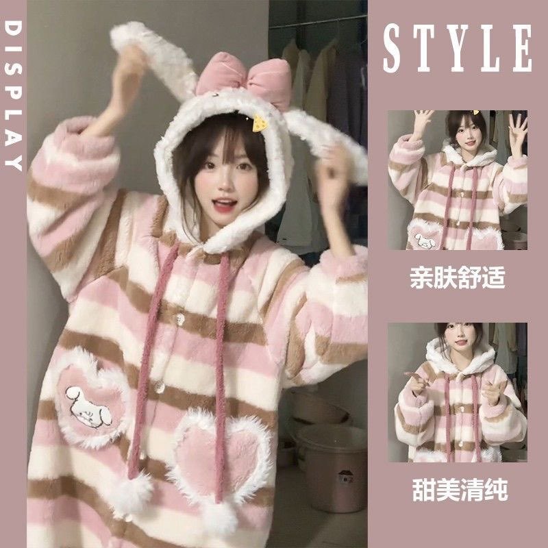MIKKO睡衣女款2025新款秋冬季珊瑚绒加厚睡袍法兰绒可外穿家居服