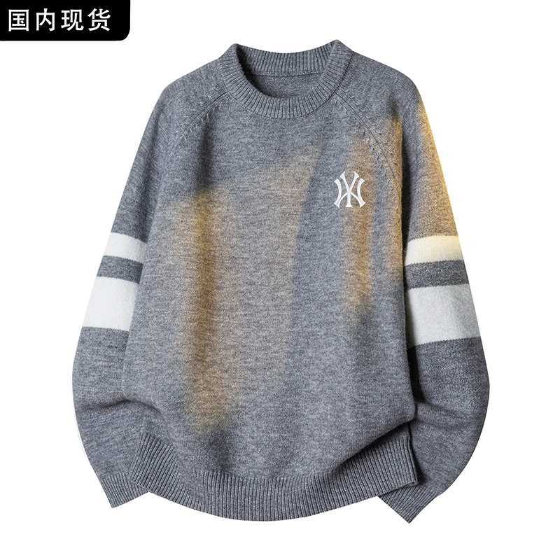 【品牌现货撤柜】早秋情侣休闲毛衣撞色条纹慵懒风宽松圆领毛衫潮