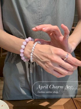 AC定制 天然紫锂辉水晶淡水珍珠白水晶S925纯银叠戴ins高级手串