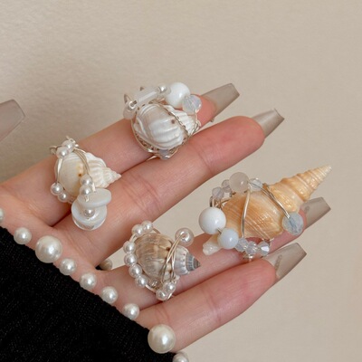 AC 天然海蓝贝壳海螺水晶石头串珠戒指女小众设计高级感叠戴指环