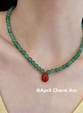AC Mona同款绿色串珠项链红色水滴天然石颈链国风叠戴复古锁骨链