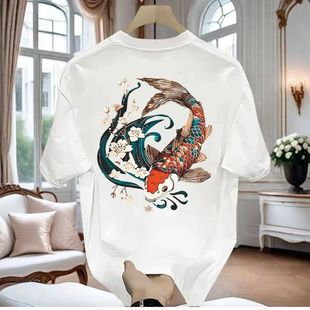 T恤男夏季 香港潮牌中国风鲤鱼花朵印花短袖 小众国潮宽松情侣上衣