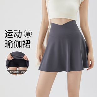 瑜伽运动短裙假两件夏天迷你防走光百褶超短裙交叉腰跑步网球裙