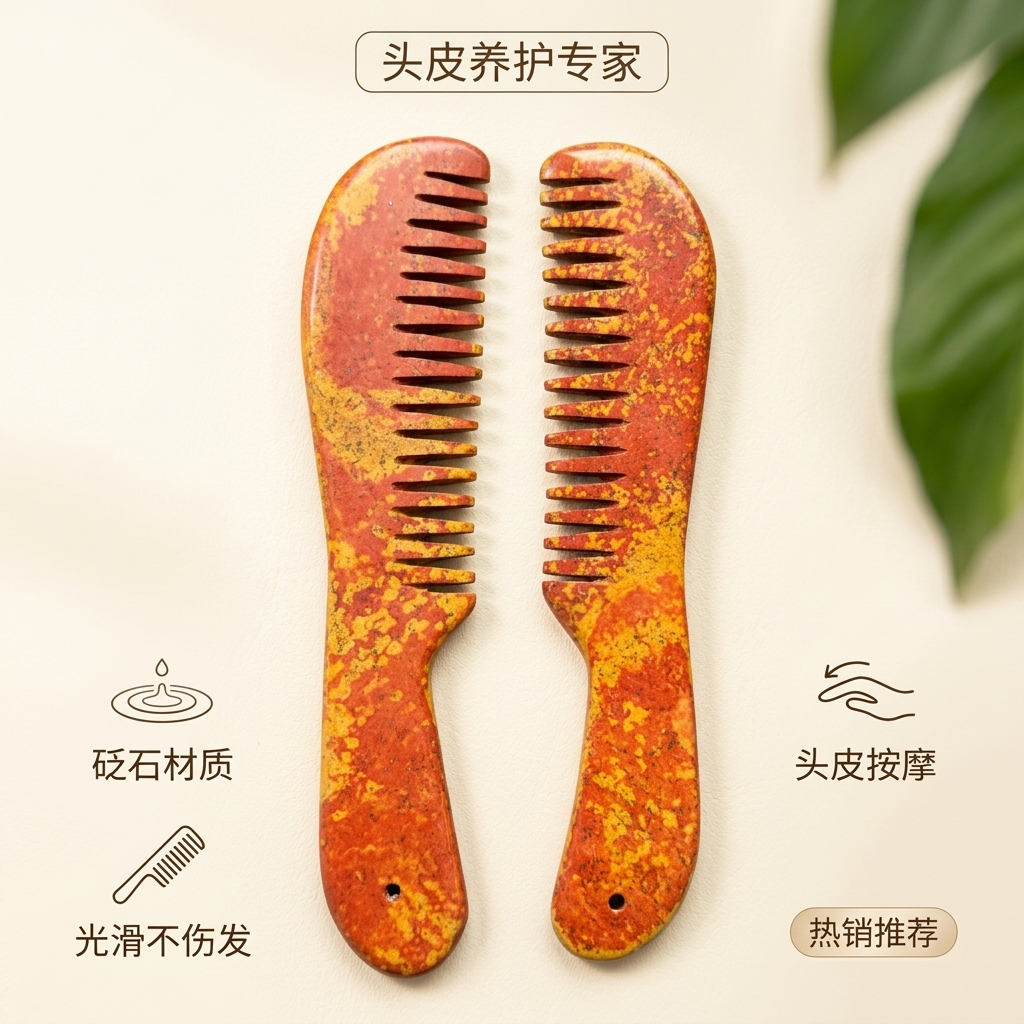 砭石弯把梳头皮按摩梳子光滑不伤发头皮养护专家按摩棒