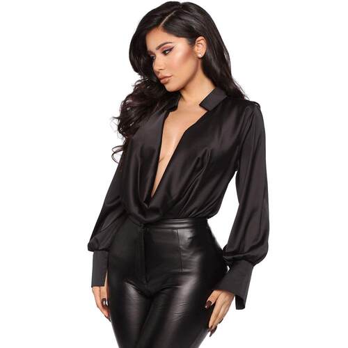 Women's long sleeved deep neck satin top