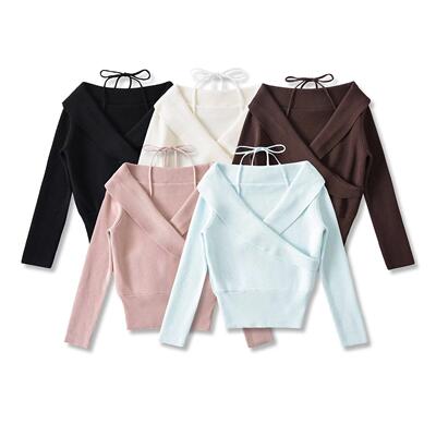 Girl tie rope hanging neck one shoulder knitted sweater