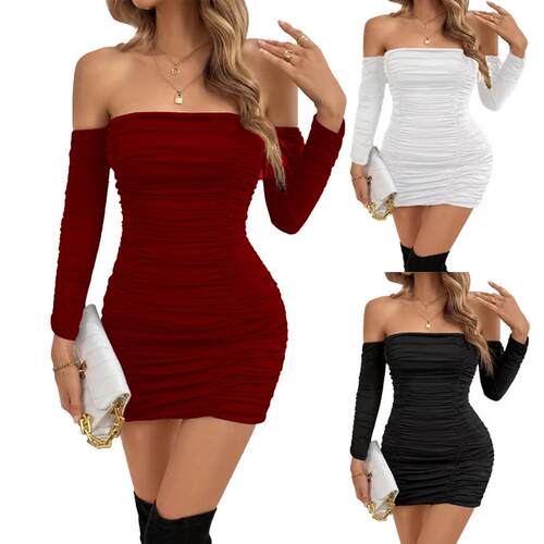 Dress, women's chest wrapped, one shoulder long sleeved,