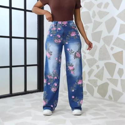 Printed plus size wide leg pants for women, jeans