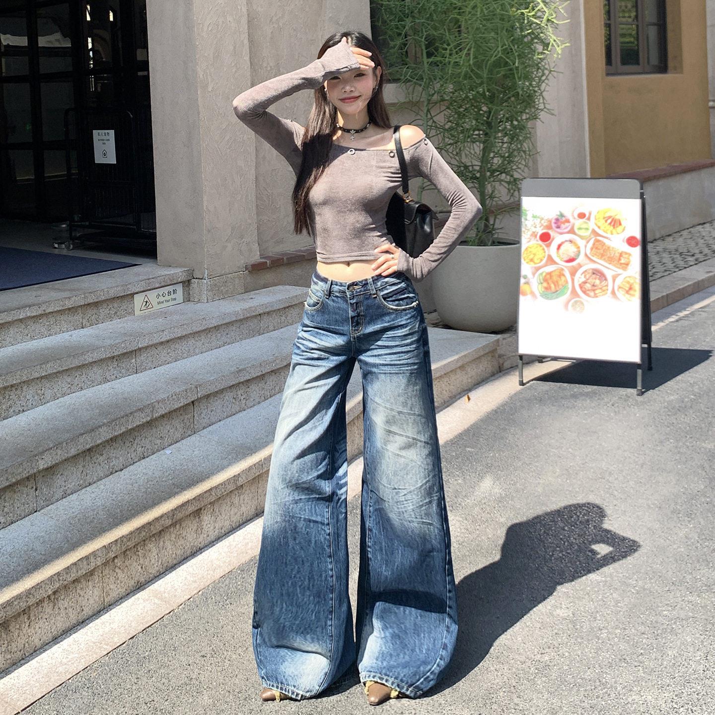 Blue wide leg jeans for women's New Year straight leg high图片