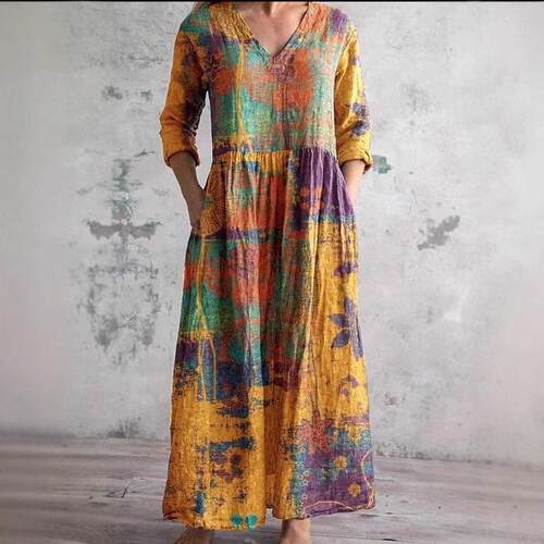 V-neck pocket long sleeved printed dress