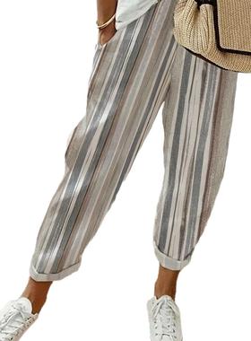 Women's printed striped pants女士印花条纹裤女裤