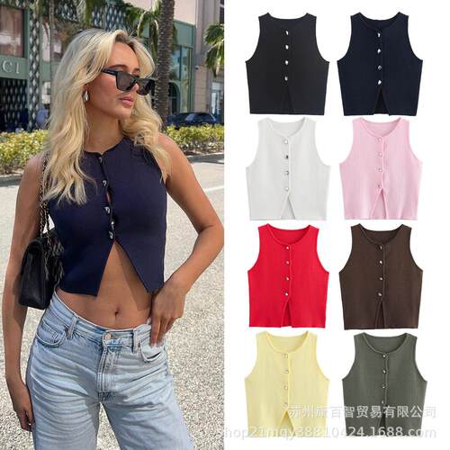 Two tone flat needle short vest top for women