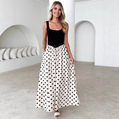 Polka dot print patchwork collar large swing vest dress