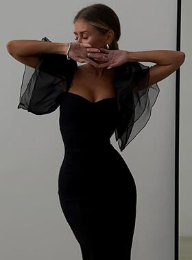 Tight fitting dress for women, black mesh, ruffle sleeves,