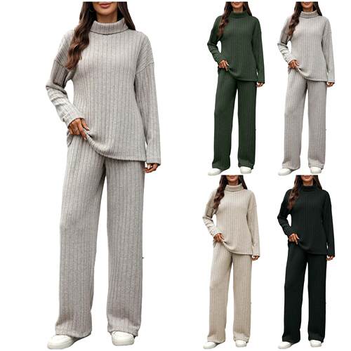 High neck long sleeved pocket wide leg pants for two women