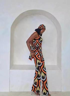 Women's Knitted High Fork Dress+Bright Silk Knitted Pants